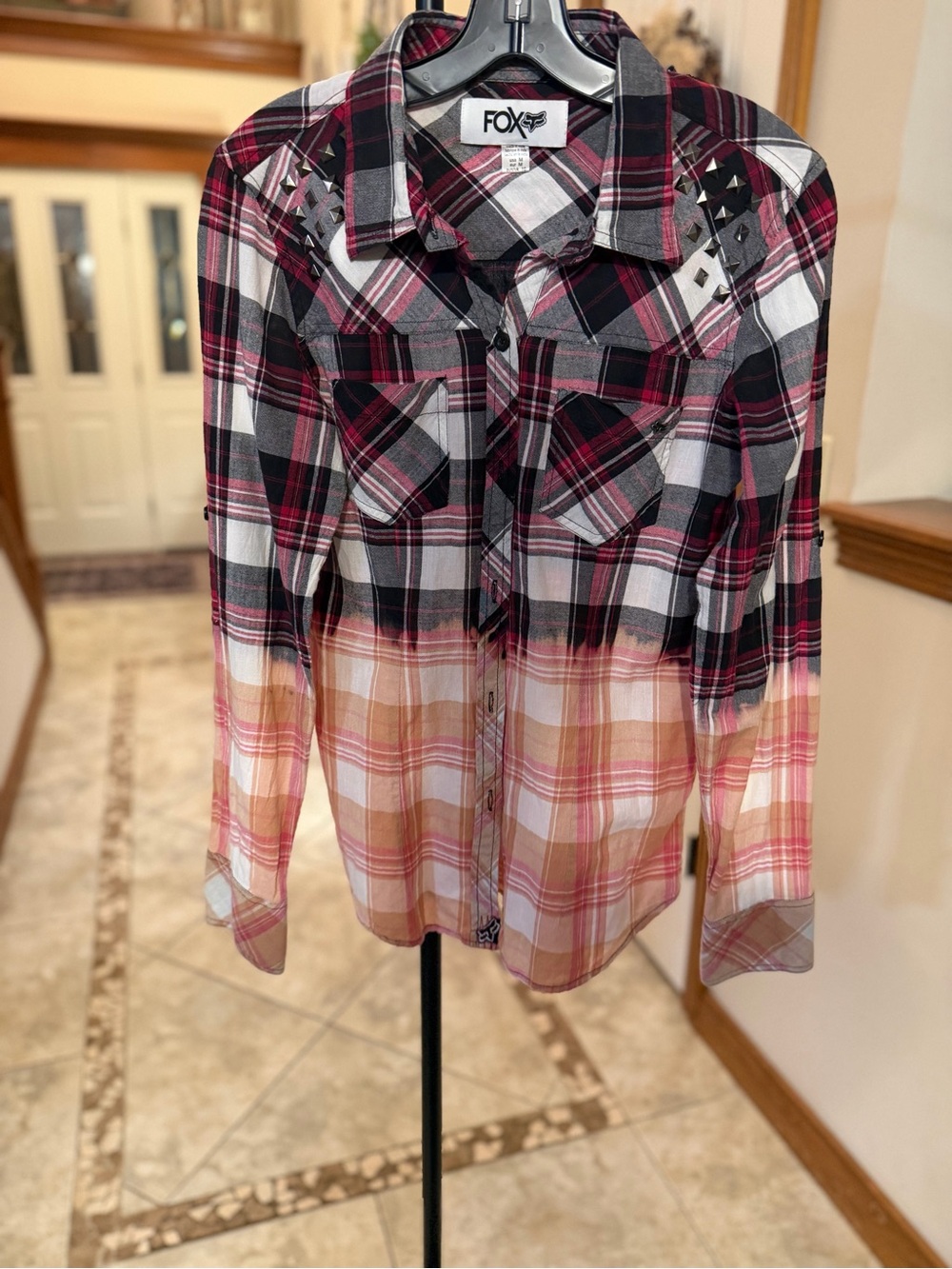 Fox Racing Women’s Plaid Studded Ombre Button Down Shirt M Y2K Moto